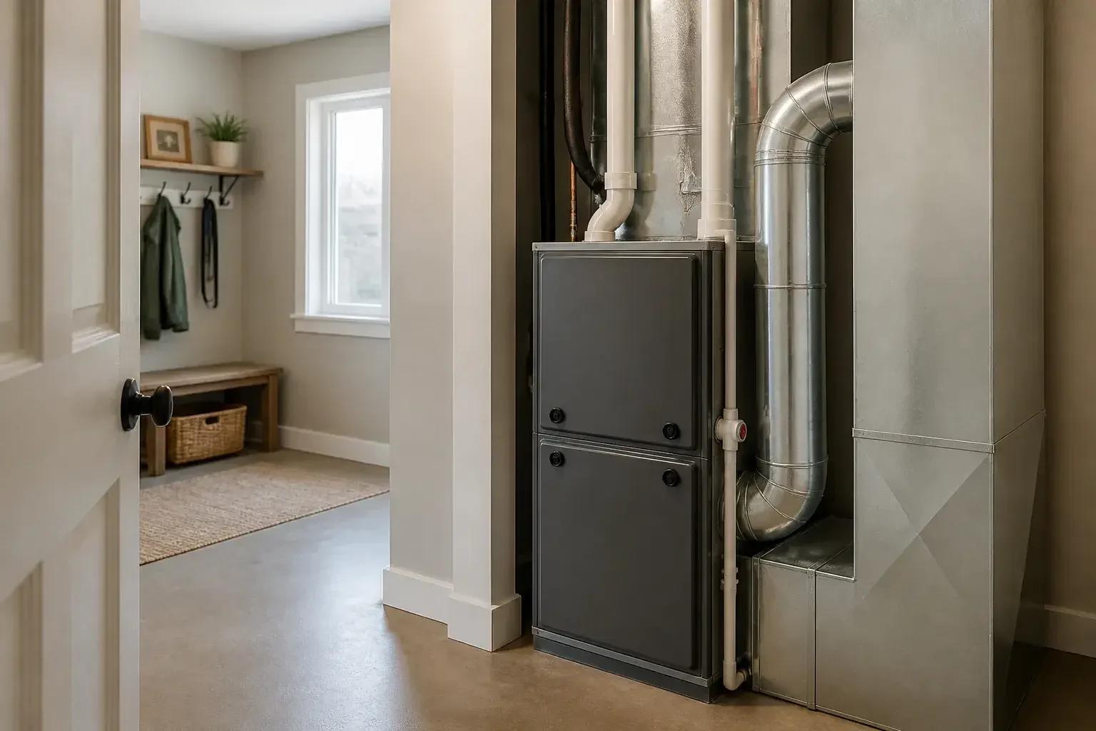 Finished furnace area in a tidy home utility room