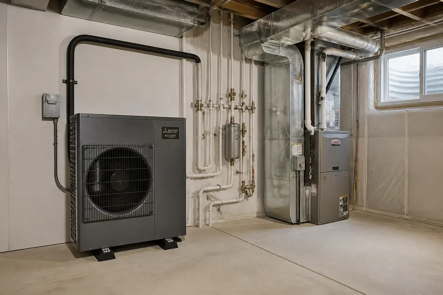 Pristine basement mechanical area with a new heat pump
