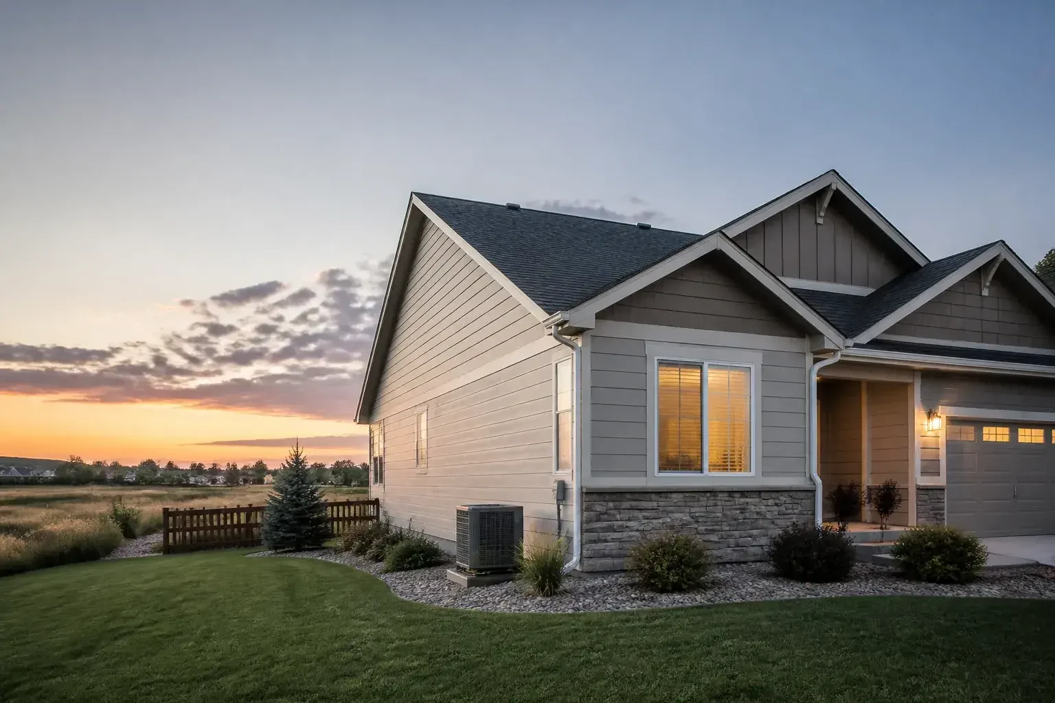 Suburban home exterior with open space for text