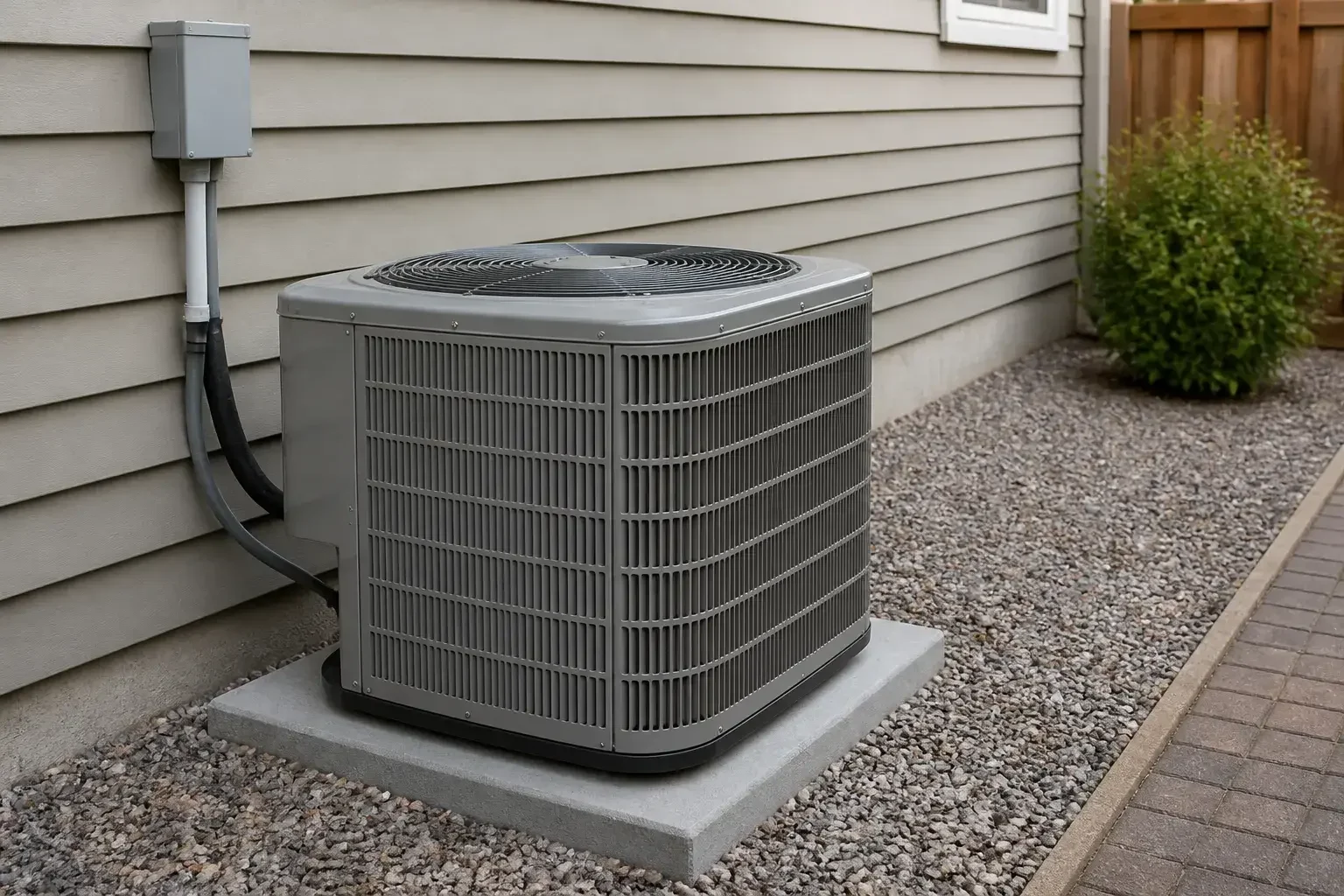 Clean outdoor AC condenser beside a home