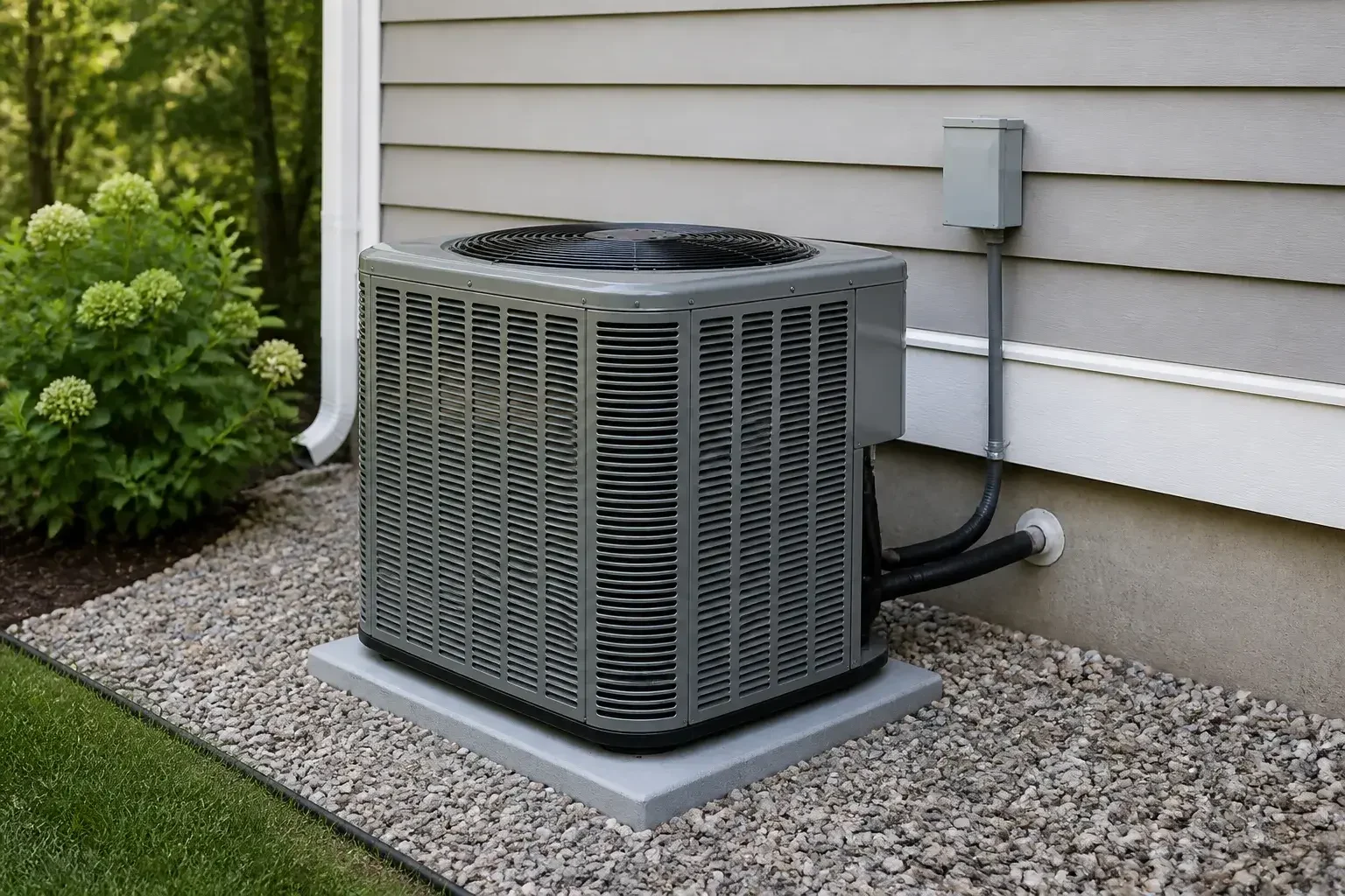 New outdoor AC condenser beside a home