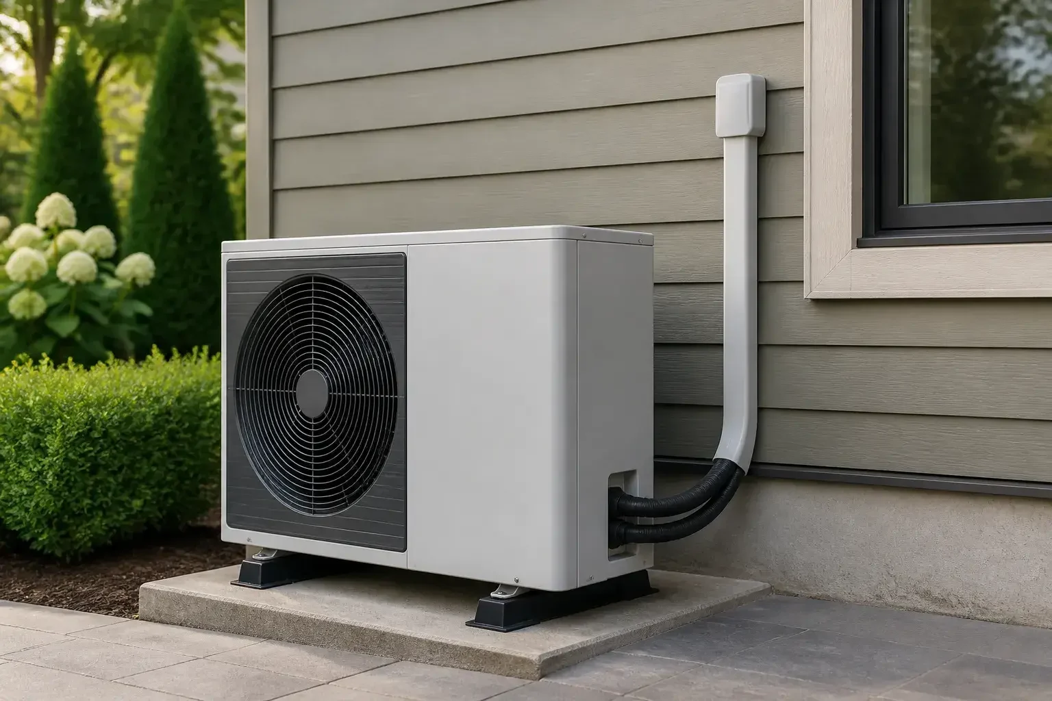 Finished heat pump unit outside a home