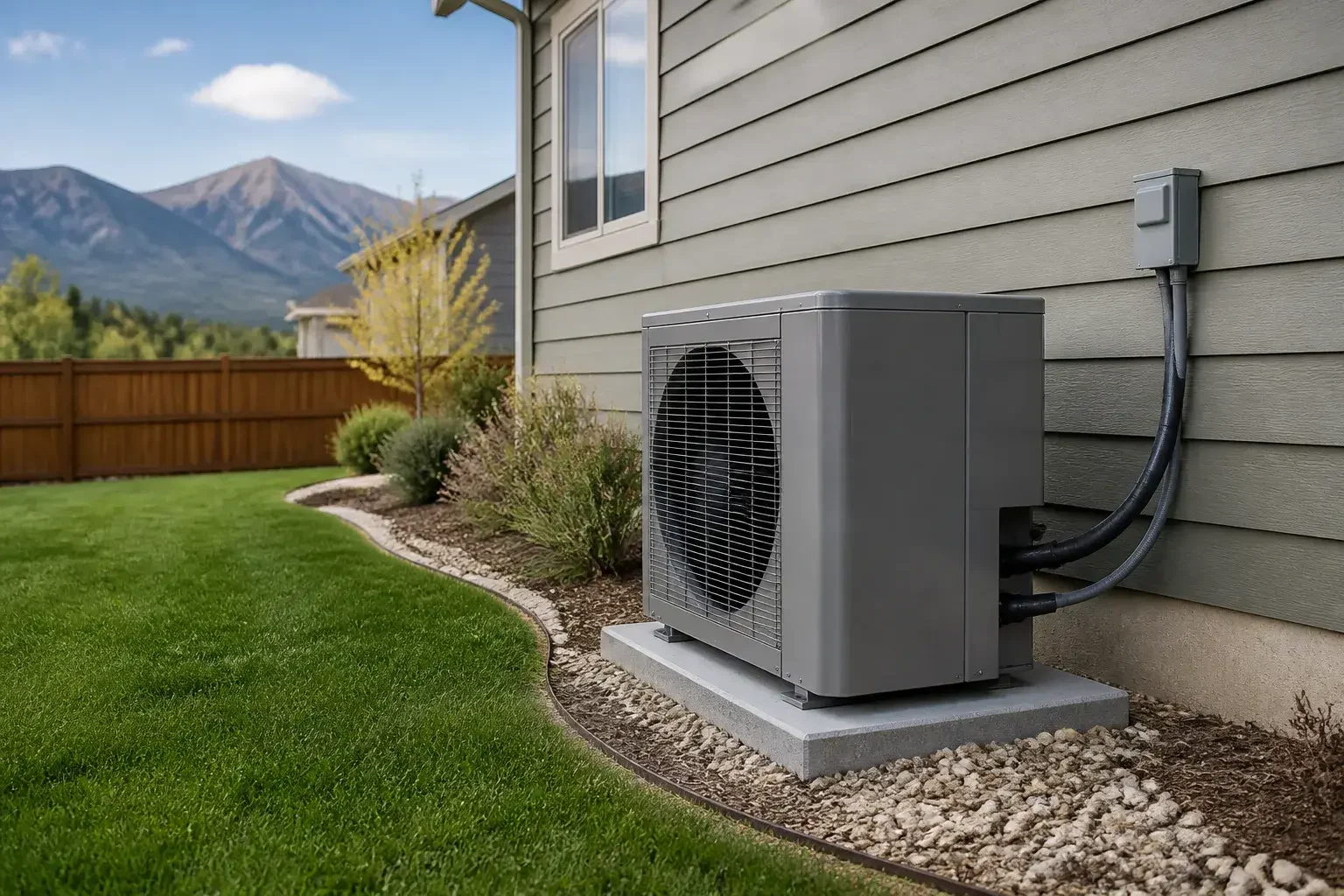 Finished heat pump installation in a home yard